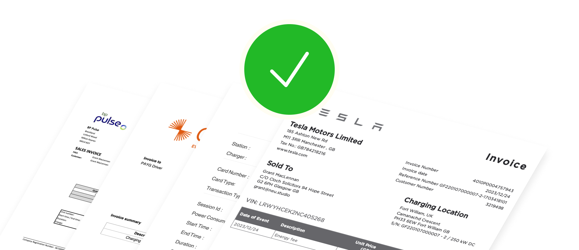 Automated VAT receipt management system showing simplified invoicing for EV charging expenses